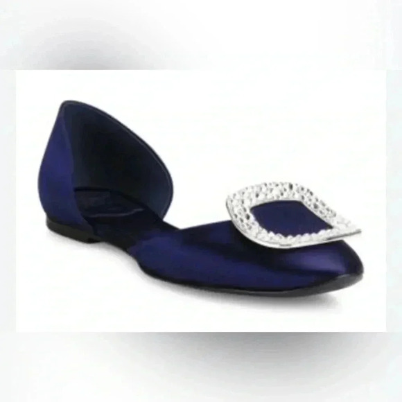 Authentic Roger Vivier statement blue satin Dorsay flat pointed  toe sandal 35.5 - Picture 1 of 6